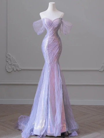 Niulatu Sweetheart Sequin Mermaid Gown-Fairytale Beaded Tulle Train Long Prom Dress for Events HZ1026